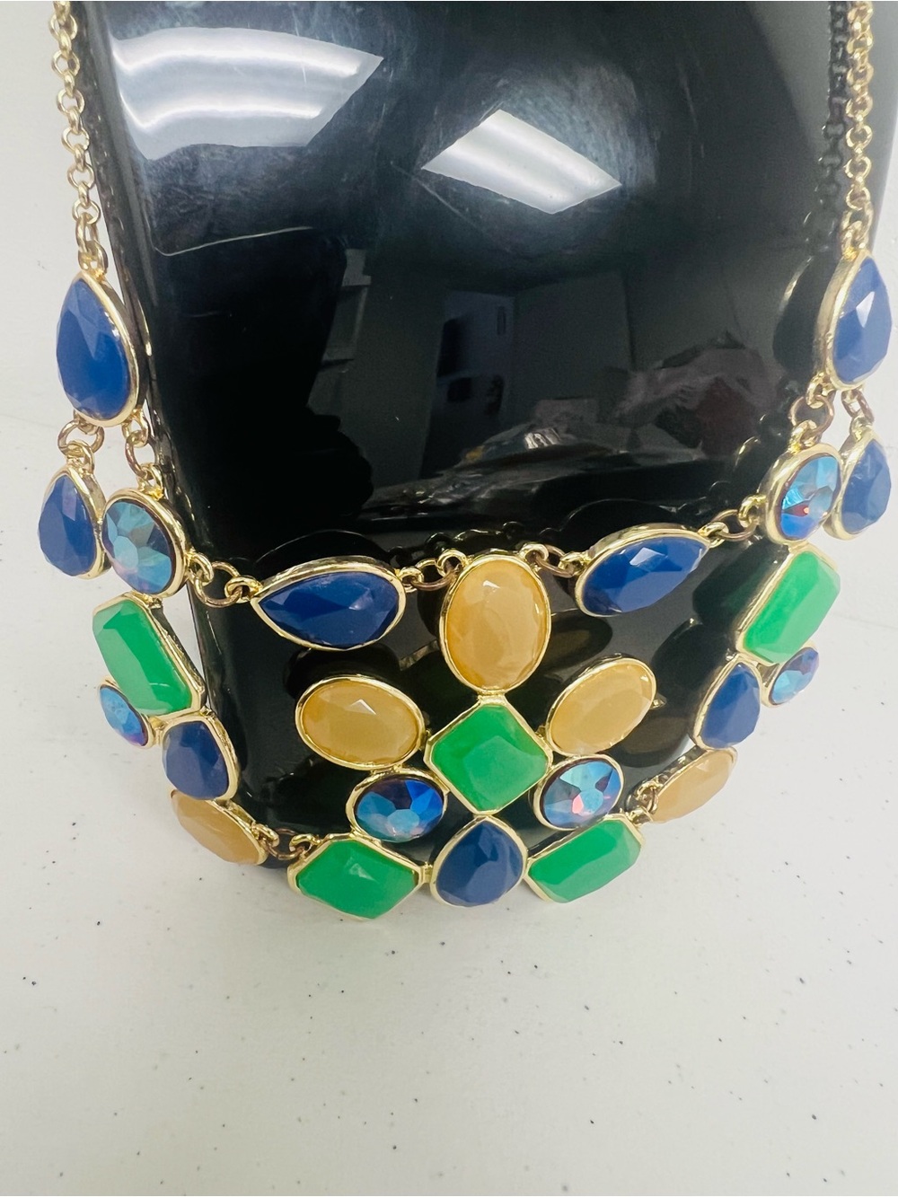 Statement Multi-Color Gemlink Necklace - Green, Blue & Gold #0026